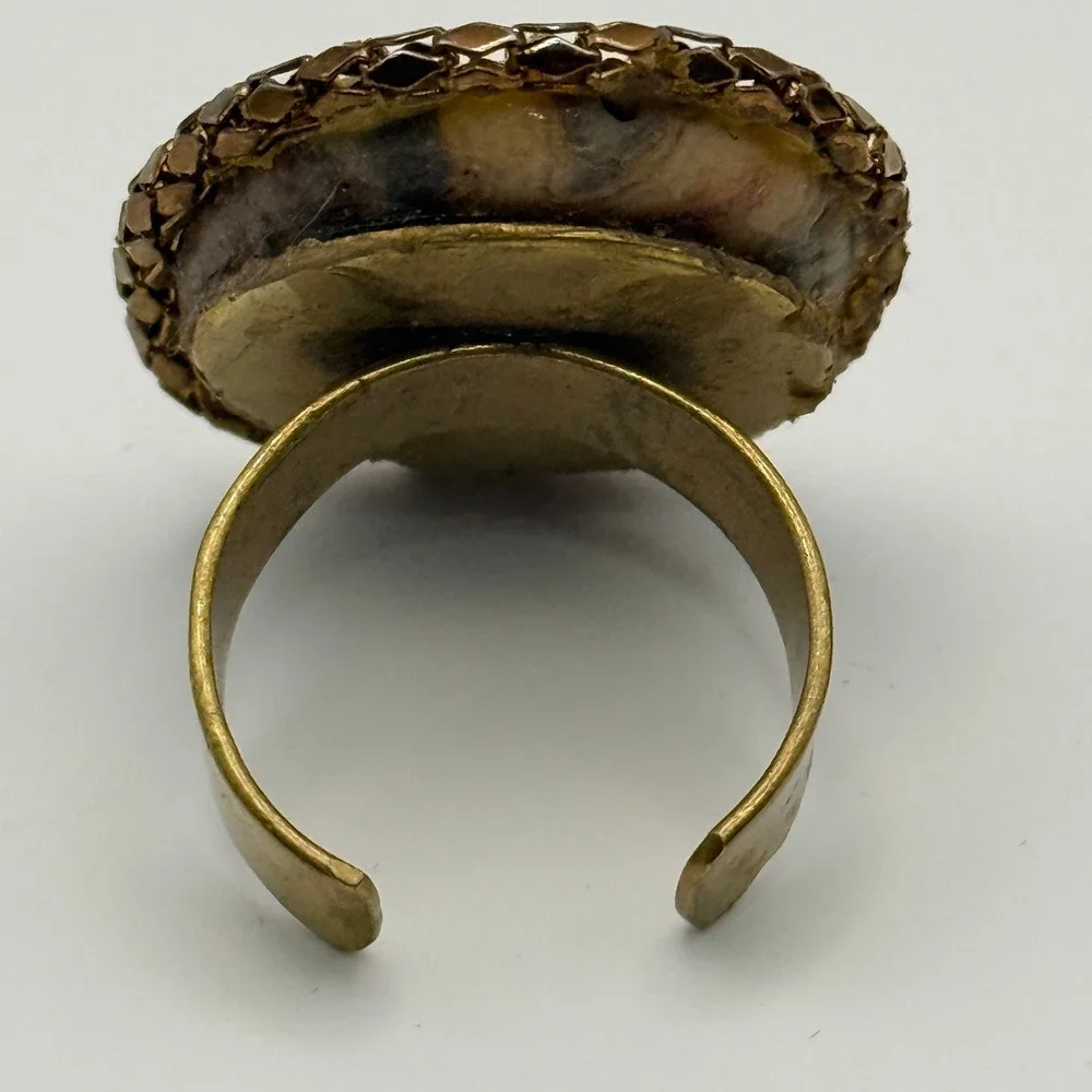 Vintage Banded Agate Adjustable Statement Ring Oval Natural Stone Boho Artisan